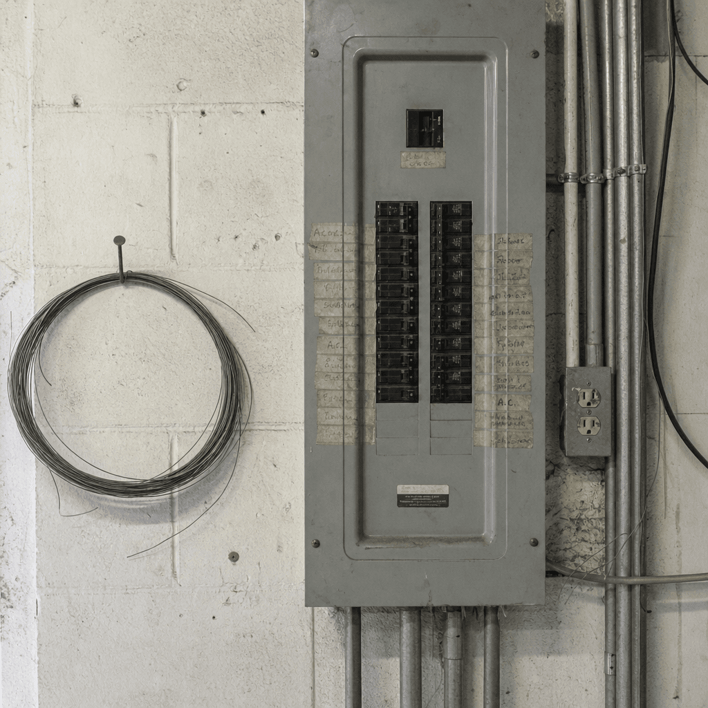 A hand-labelled electrical panel and grey conduit on the painted block wall of a small contractor's workshop.