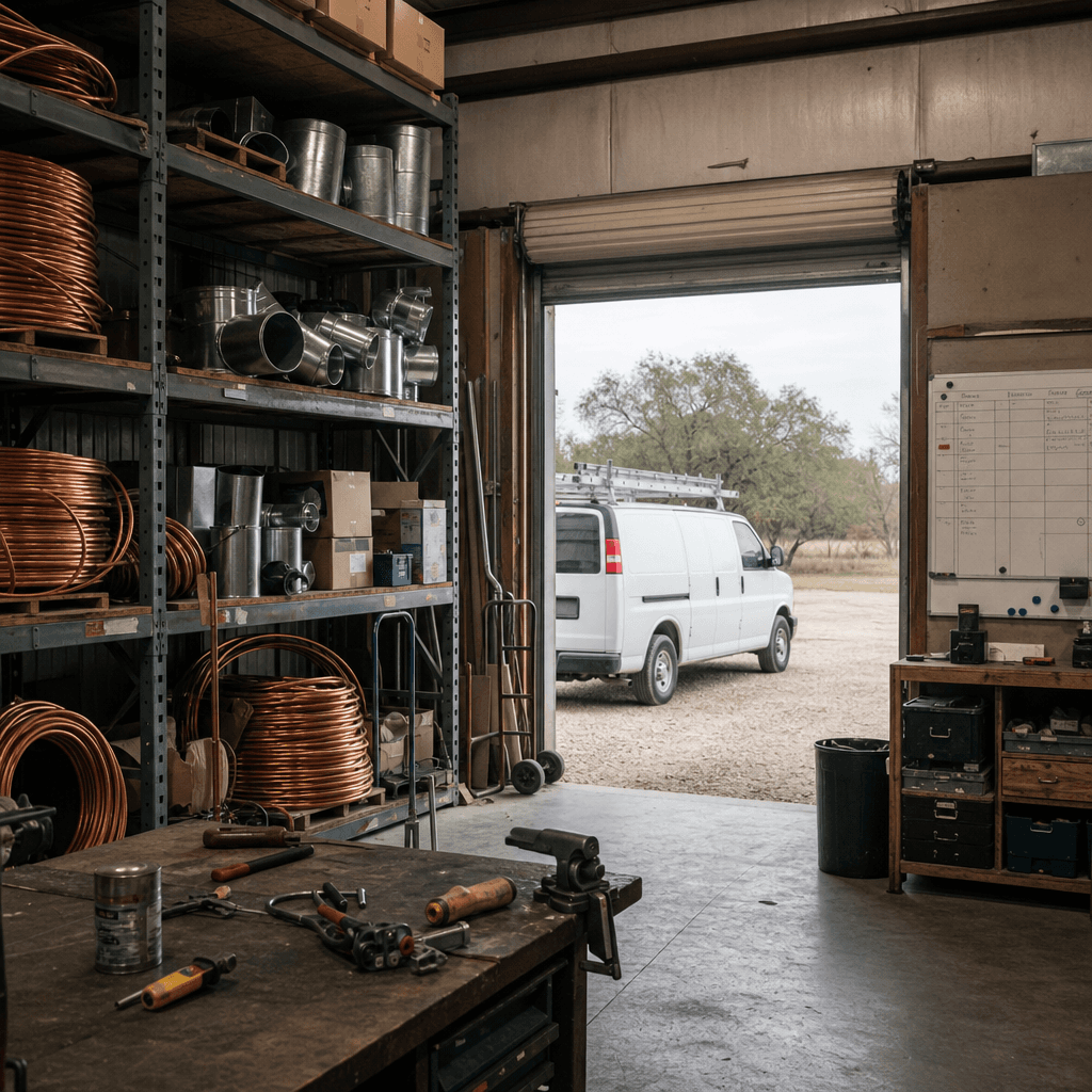 Interior of a small family-run HVAC contractor's shop: copper line sets on steel shelving, a work bench, and a service van parked outside the open roll-up door.